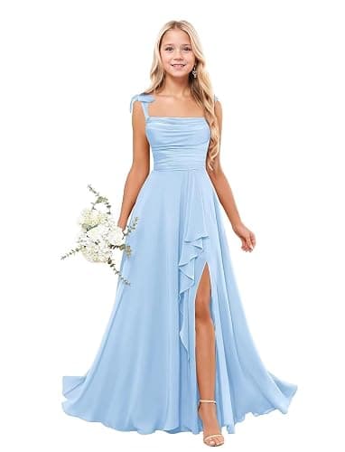 Fouwey Junior Bridesmaid Dresses for Wedding Teen Girls Spaghetti Strap Chiffon Flower Girl Dress Ruffles Prom Dress 2-16Y thumbnail 5