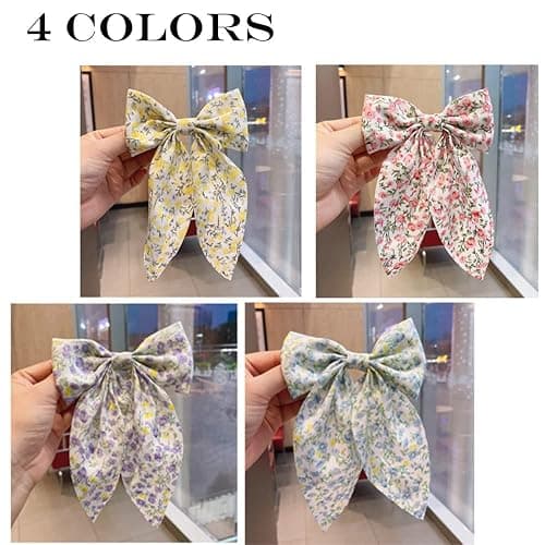 SALOCY Chiffon Hair Bows for Women Girls,4 PCS Barrette Hair Clip Long Black Ribbon Bows French Style Hair Accessories for Summer (Pink,Yellow,Blue,Purple) thumbnail 3