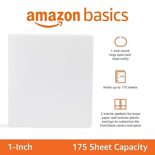 Amazon Basics 3-Ring Binder, 1-Inch - White, 4-Pack thumbnail 2