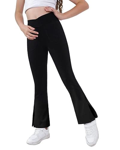 Teen Girls Bootcut Yoga Pants Kids Active Crossover Split Hem Flare Leggings with Pockets - Image 1