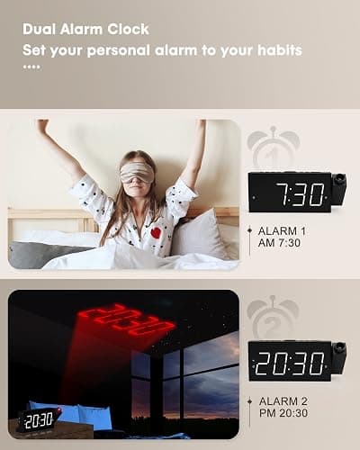 Projection Alarm Clock on Ceiling,Digital Clock for Bedroom with Battery Backup,7”Large Display,USB Charger,Dimmer,180° Rotatable Projector,12/24H,Snooze,DST,Loud Alarm Clock for Kids,Adults,Elders thumbnail 4