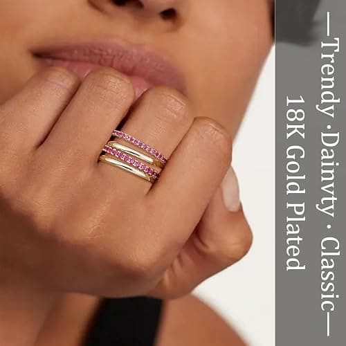 COLOYAN 18K Gold Plated Stackable Rings for Women Non Tarnish, Mixed Metals Multi Ring, Colored Cubic Zirconia Stacking Rings Jewelry thumbnail 3