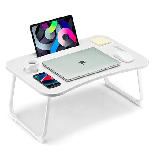VIFOCAE Foldable Lap Desk, Laptop Bed Desk, Portable Lap Table, Laptop Bed Table with Cup Holder & Tablet Slot & Lifting Handle for Working Writing Drawing & Eating - White - Image 1