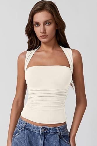QINSEN Womens Square Neck Tank Tops Side Ruched Double Lined Slim Fit Summer Going Out Crop Top thumbnail 4