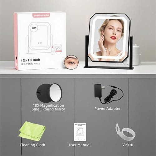 Lighted Makeup Mirror, 3 Colors for Precise Application, Touch Control Brightness Adjustment for Easy Use, with a Detachable 10x Magnifying Mirror, 13.4“ x 12” Hollywood Vanity Mirror for Plug-in Use thumbnail 9