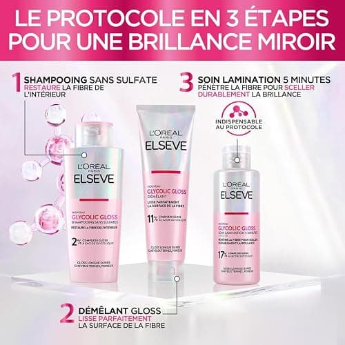 L'Oréal Paris - Routine Capillaire Complète pour Cheveux Ternes - Shampooing + Démêlant + Soin Lamination - Acide Glycolique - Sans Sulfates - Elseve Glycolic Gloss - 3 Produits thumbnail 6