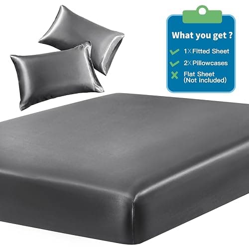 SiinvdaBZX 3-Piece Set Satin Full Fitted Sheet & 2 Pillowcase, Grey | Silky Soft Fitted Bottom Sheet, Deep Pocket Sheet Design Fits 15 Inch Mattress, Wrinkle Free, Fade Resistant thumbnail 3