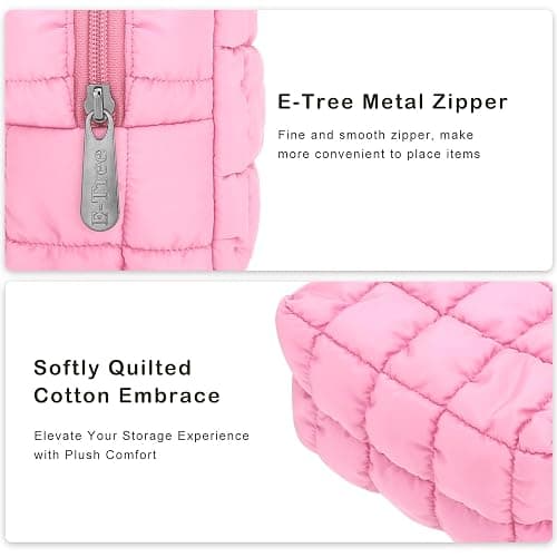 E-Tree Cute Makeup Bag,Quilted Cosmetic Bag for Women,Make up Pouch for Purse,Toiletry Zipper Pouch,Checkered Bag,Travel Case,Storage Pouches for Organization (Pink) thumbnail 8
