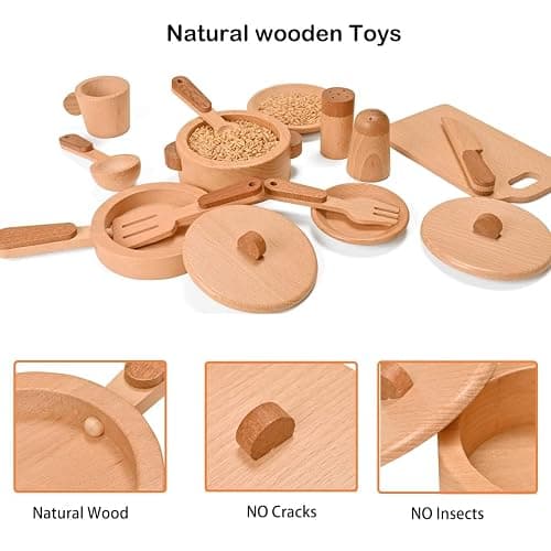 MONT PLEASANT Play Kitchen Accessories Montessori Wooden Toys | Kids Kitchen Set Cookware Plates Dishes Pots Pans Cooking Playset 15pcs Sensory Toys for Toddlers Girls Boys With Storage Bag thumbnail 5