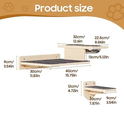 MeowHomm Cat Wall Shelves, Wood Cat Feeding Shelf with 4 Non-Slip Steps, 2 Food Bowls, Wall-Mounted Furniture for Kittens thumbnail 2