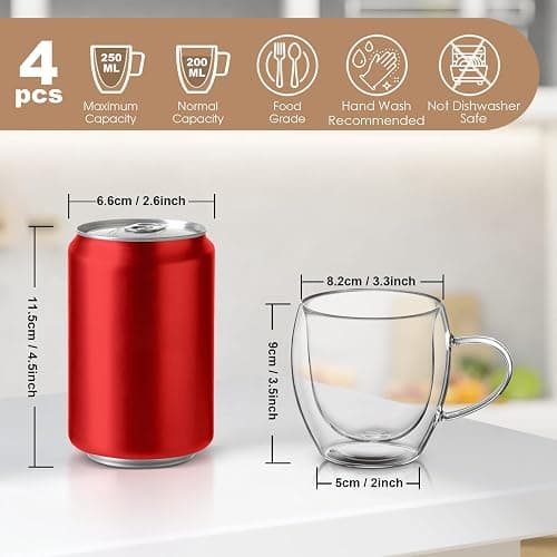 Osrioal Double Walled Glass Mugs, 4 x 250ml Glass Coffee Mugs, Heat Resistant Coffee Cups, Clear Coffee Glasses with Handle, for Cappuccino Tea Milk Latte Juice ﻿ thumbnail 3