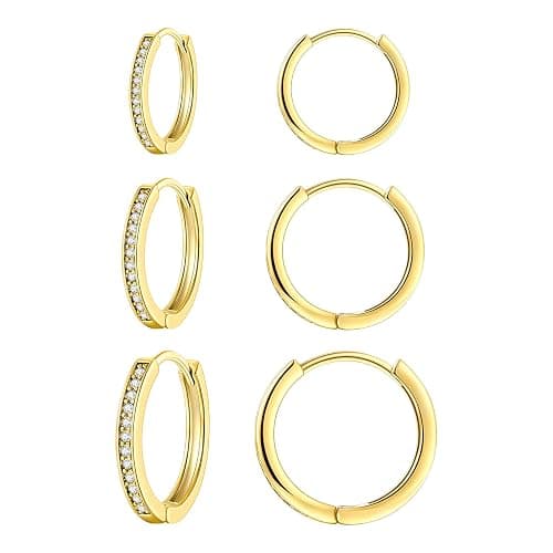 3 Pairs 14K Gold Plated Huggie Hoop Earrings for Women, Minimalist Gold Huggie Hoop Earrings, Simple 3 sizes Hoop Earrings for Women Men gift,gold silver rose gold and black - Image 1
