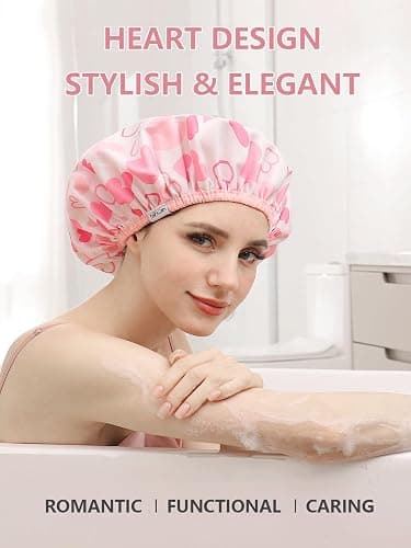 Years Calm Shower Caps For Women Reusable Waterproof，Pattern And Solid Color Dual-Layer Design For Dual-Layer Usable，Protects Hair In Shower, Spa, Cooking, Clean & Travel (Pink, One Size) thumbnail 5