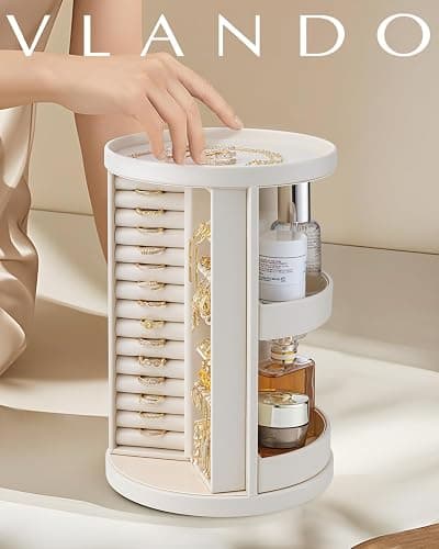 Vlando 360°Rotating Jewelry Box,Earring Organizer Large Vertical Jewelry Organizer with 6 Necklace Hooks, Open Ring Display Storage for Women - Cream White thumbnail 3