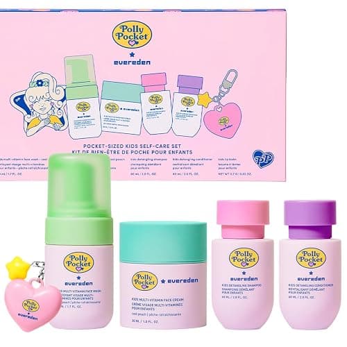 Evereden x Polly Pocket Travel Size Kids Skincare & Haircare Set + Lip Balm | Limited-Edition Gift Box, Kids Skincare & Haircare Minis & Lip Balm Charm, Dermatologist-Tested, TSA Approved, Clean & Vegan - Image 1
