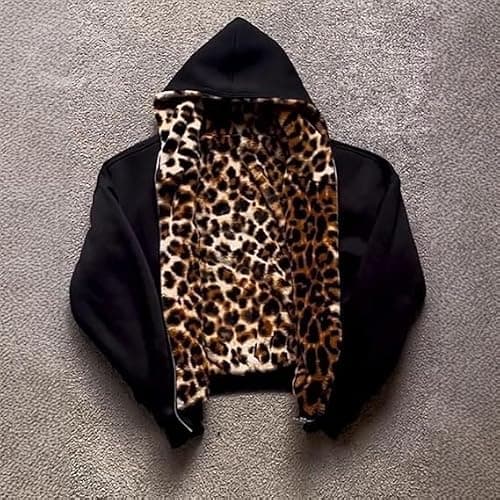 CUTEGAL Leopard Zip Up Hoodie Y2K Jacket Cheetah Print Oversized Streetwear | CUTEGAL,Reversible Style,Soft Fleece Lining,Casual Autumn Outfit,Grunge Fashion Aesthetic thumbnail 3