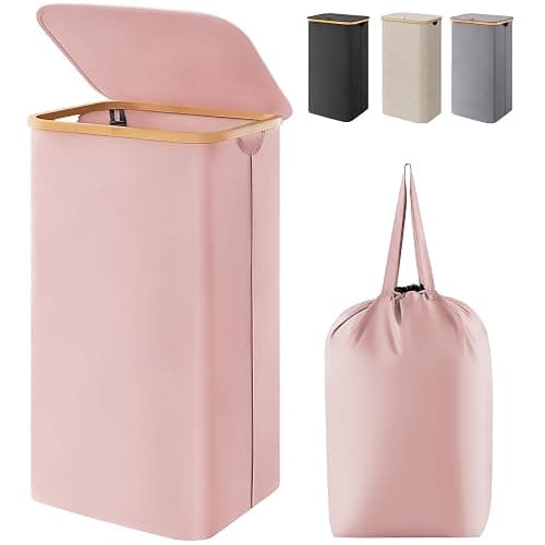 Lifewit 100L Laundry Basket with Lid, Clothes Hampers for Laundry with Bamboo Handles and 1 Removable Bag, Large Foldable Laundry Hamper for Bedroom, Bathroom, Dorm, Laundry Room, Pink - Image 1