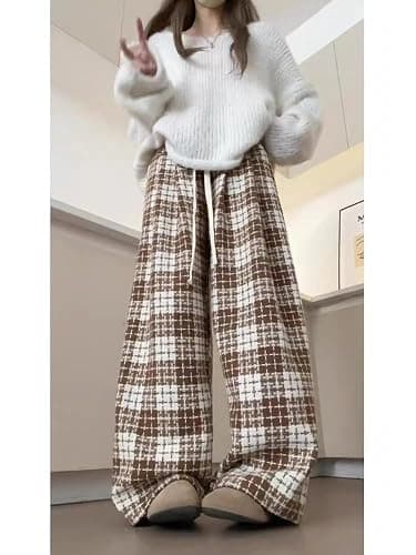 Cute Plaid Pants for Women, Baggy Pants Grunge Gingham Pants Therian Downtown Girl Clothes y2k Sweatpants Going Out thumbnail 5