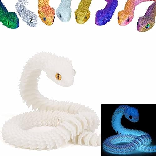 3D Printed Snake, 24In 3D Printed Animals Fidget Toy with Articulated Mobility, Flexible Realistic Glow in The Dark Desktop Decoration for Home Office, Gift for Boys and Girls (Luminous White) - Luminous White