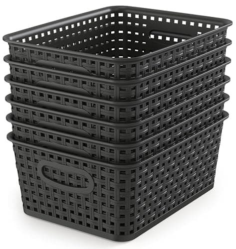 WYT Woven Storage Organizer Basket, 6-Pack Black Plastic Weave Baskets, 10.1 x 7.55 x 4.1 - Image 1