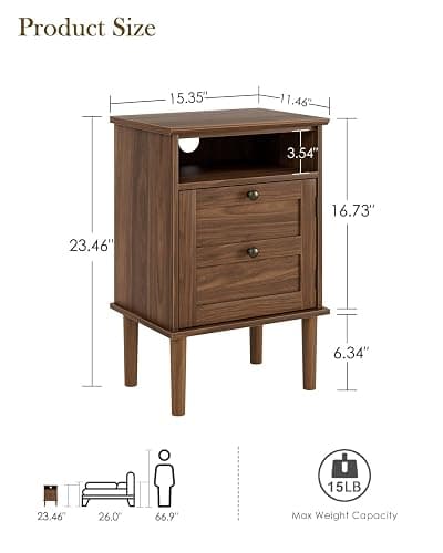 Apetaccat Nightstand, Boho Night Stand with 1 Drawer, Modern Side Accent Table with Open Shelf, Wooden Top Bedside End Table for Bedroom, Living Room, Walnut thumbnail 2
