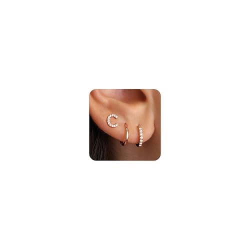Ritach Gold Earrings for Women Girls - 3 Pairs Gold/Silver/Rose Gold Hoop Earrings for Women Girls CZ Initial Stud Earrings for Girls Hypoallergenic Earrings Set for Multiple Piercing - Image 1