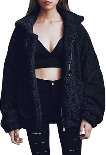 Comeon Women's Coat Casual Lapel Fleece Fuzzy Faux Shearling Zipper Coats Warm Winter Oversized Outwear Jackets - Image 1