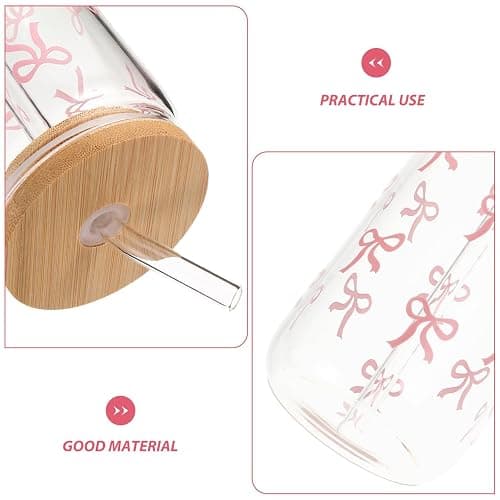 TOPPERFUN Cute Glass Water Cup with Lid and Straw: 400ml/ 13.5oz Glass Tumbler Drinking Set Travel Mug, Cute Bowknot Design Reusable for Beer Iced Coffee Whisky Water thumbnail 8