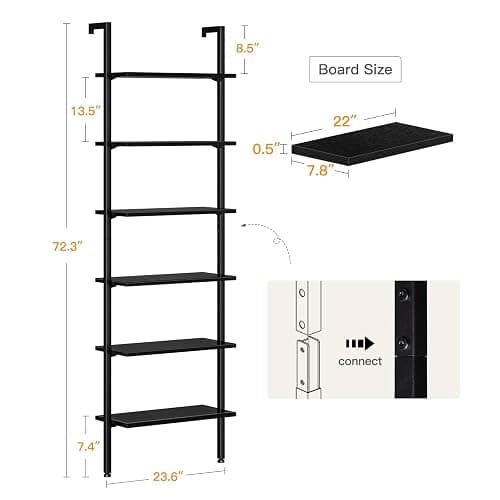ODK 6-Tier Ladder Shelf, 87 Inches Wall Mounted Ladder Bookshelf with Metal Frame, Open Industrial Shelves for Home Office, Bedroom and Living Room, Black - 12"D x 24"W x 87"H - Black thumbnail 3