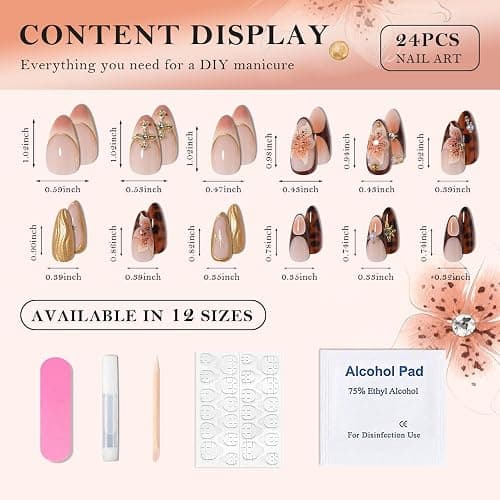 XZMeiLun Handmade 3D Flower Brown Press On Nails Medium Almond, 3D Floral Pearl Designer Reusable Acrylic Fake Nail, Stick On Glue On Nail, Nails Press Ons Daily Wear False Goth Nails For Women thumbnail 2