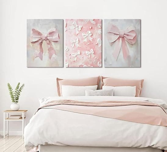 Pink Bow Canvas Wall Art Set of 3 Coquette Oil Painting Cute Bow Posters Wall Decor Trendy Preppy Print Picture for Back to School Bedroom Bathroom College Dorm 12x16 In Framed thumbnail 9