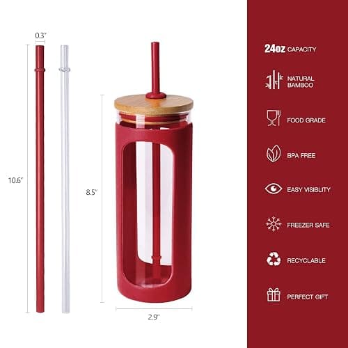 Kodrine 20oz Glass Tumbler with Straw and Lid, Iced Coffee Cups with Bamboo Lids, Glass Cups for Cold Drinks, Smoothie Cup with Silicone Sleeve for Travel, Work, BPA FREE-Barbados Cherry thumbnail 3