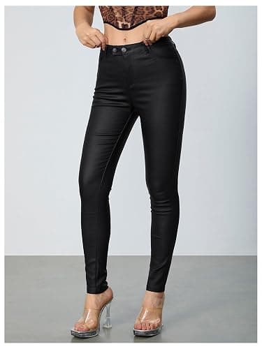 MakeMeChic Women's Faux Leather Stretch Skinny Pants High Waisted Double Button Leggings Club Party Pants thumbnail 4