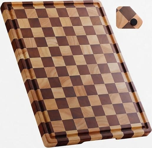 Large Wood Cutting Board-"16.5x11.6”100% Organic Acacia Wood Cutting Board, Checkered Wooden Cutting Board for Kitchen, End Grain Butcher Block with Deep Juice Groove, Built-In Handle & Non-Slip Pads - Image 1
