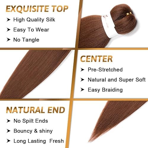 Brown Braiding Hair 26 Inch Pre stretched Braiding Hair Extensions Yaki Braids Hair Hot Water Setting Synthetic Hair Colored Braiding Hair Pre stretched Crochet Hair(26Inch,3 Packs,30#) thumbnail 4