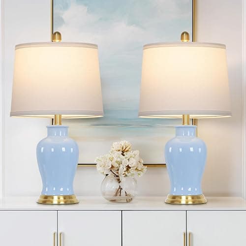 23" Modern Blue Ceramic Table Lamps Set of 2, Coastal Ceramic Lamps for Living Room, Classic Bedside Lamp with Ginger Jar Design, Elegant Bedroom Lamp for Night stand Desk Side End Table Home Decor thumbnail 2