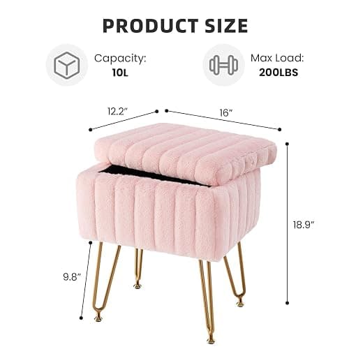 Sweetcrispy Vanity Stool Chair with Storage, 18.9”H x 16”L x 12.2”W Ottoman Chair Faux Fur Soft Padded Makeup Footstools Seat with 4 Metal Legs Anti-Slip Adjustable Feet for Make Up, Pastel-Pink thumbnail 3