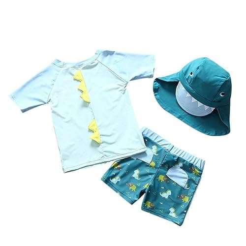 Baby Toddler Boys Two Pieces Swimsuit Set Swimwear Dinosaur Bathing Suit Rash Guards with Hat UPF 50+ thumbnail 2