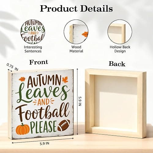 TOUNER Autumn Leaves And Football Please Wooden Box Sign, Thanksgiving Wooden Box Sign for Home Farmhouse Bedroom Desk Shelf Decor, Autumn Gifts for Man Friends Family Colleague Football Lovers thumbnail 3