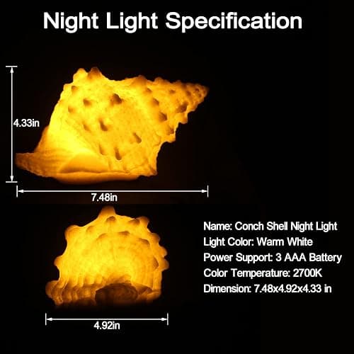 Conch Shell Night Light-Battery Powered LED Night Light for Kids Room, Auto Off Timer, Adults Bedroom Decor Nautical Lighting, Beach Themed Lamp Suitable for Baby Nursery, Home Ocean-Nightstand Decor thumbnail 4