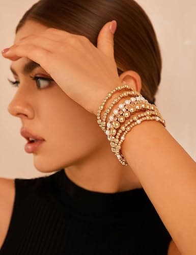 KISS WIFE Gold Beaded Bracelets for Women, Stackable Stretch Bracelet Set | 13 stretch bracelets combine polished gold-tone beads and faux pearls for stacked or individual everyday styling. thumbnail 8