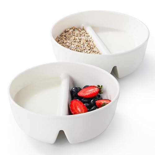 LUFILUFI Anti-Soggy Cereal Bowl Set of 2, 6.7 Inch Divided Ceramic Bowls for Cereal and Milk, Chip and Dip Bowl, Soup and Sandwich Plate Combo, Stackable Snack Serving Bowl for Kids Adults, White - Image 1