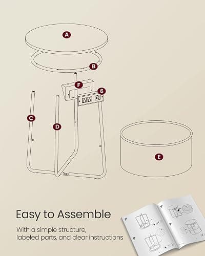 VASAGLE LILEA Collection - Side Table with Charging Station, Round End Table with Fabric Basket, Nightstand with USB Ports, for Living Room, Bedroom, Modern, Cream White ULET228N01 thumbnail 8