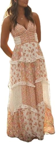 Women Y2k Floral Smocked Maxi Dress Bow Tie Shoulder Tiered Ruffle Midi Sun Dress Boho Casual Beach Long Dresses - Image 1