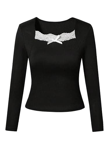 Verdusa Girls Long Sleeve Shirts Lace Bow Ribbed T Shirts Casual Tops Cute Clothes for Girls 10-12 - Image 1