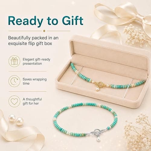 Jewelry Dainty Handmade Beaded Necklace, Turquoise and Pearl Beads, Turquoise Jewelry for Women thumbnail 6