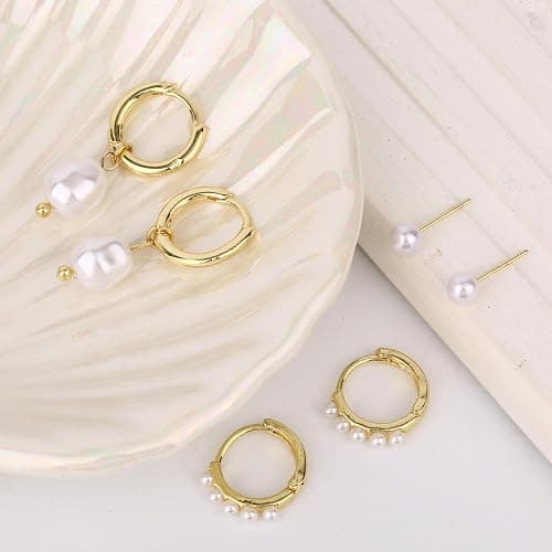 3 Pairs Gold Earrings Set, Dainty Pearl Dangle Drop & Hoop & Stud Earrings Stackable Stylish Pearl Dangling Drop Jewelry for Women Trendy Fashion Jewelry Gifts thumbnail 4
