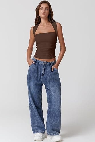 QINSEN Womens Square Neck Tank Tops Side Ruched Double Lined Slim Fit Summer Going Out Crop Top thumbnail 6