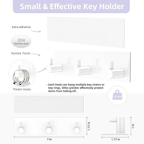 VIS'V Key Holder Wall Mount, Small Self Adhesive Key Hanger Metal Stick on Key Rack Compact Key Rail with 3 Key Hooks for Entryway Doorway Hallway 2 Adhesive Strips White - White thumbnail 3