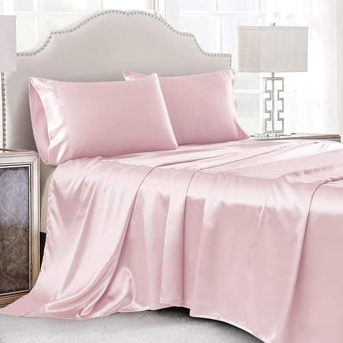 Cobedzy 3 Pcs Blush Pink Satin Sheets Twin XL Size Silky Satin Bedding Sheets Set with 1 Deep Pocket Fitted Sheet, 1 Flat Sheet, 1 Pillowcase - Image 1